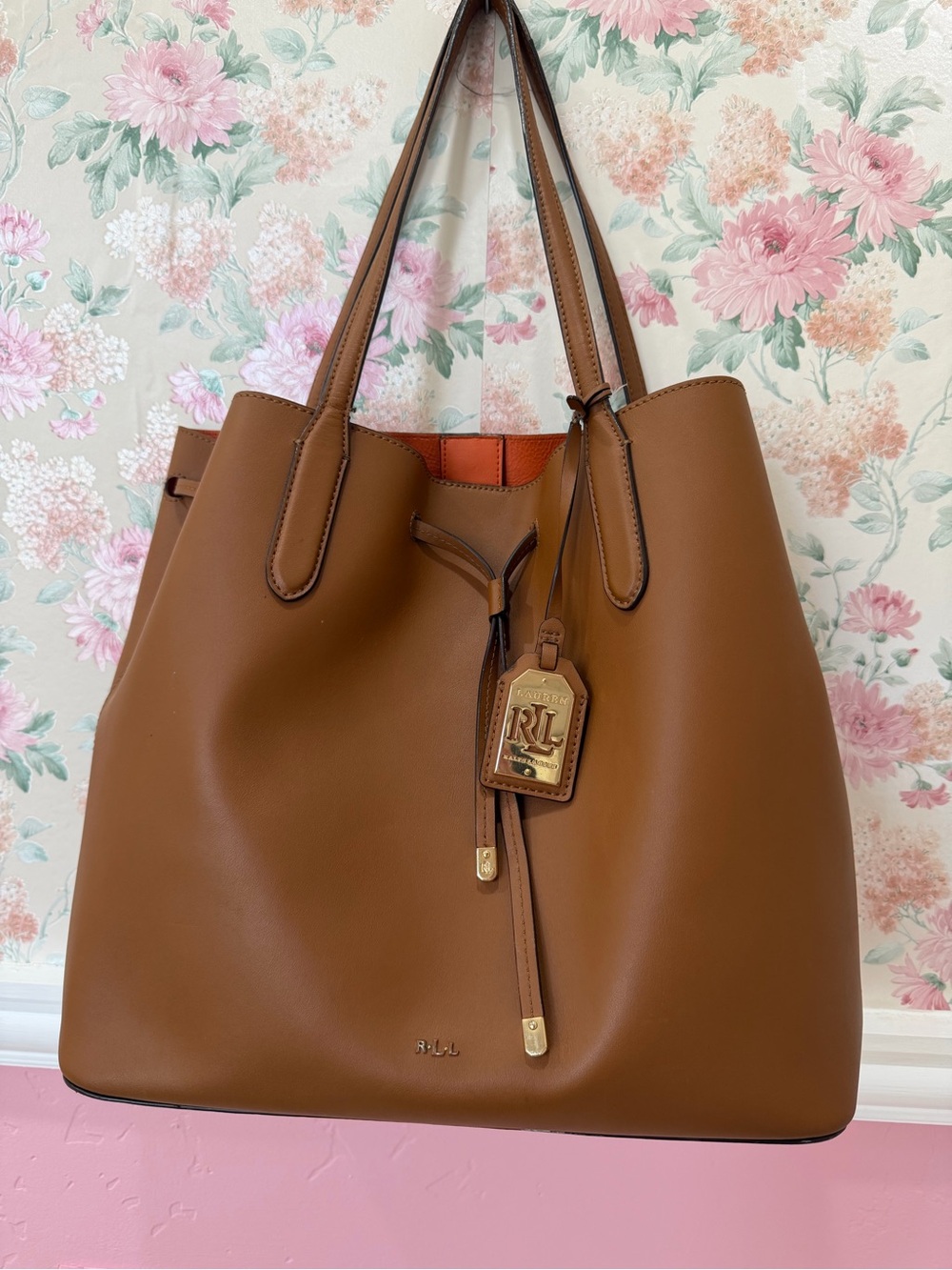Ralph Lauren Cognac Leather Tote with RL Tag